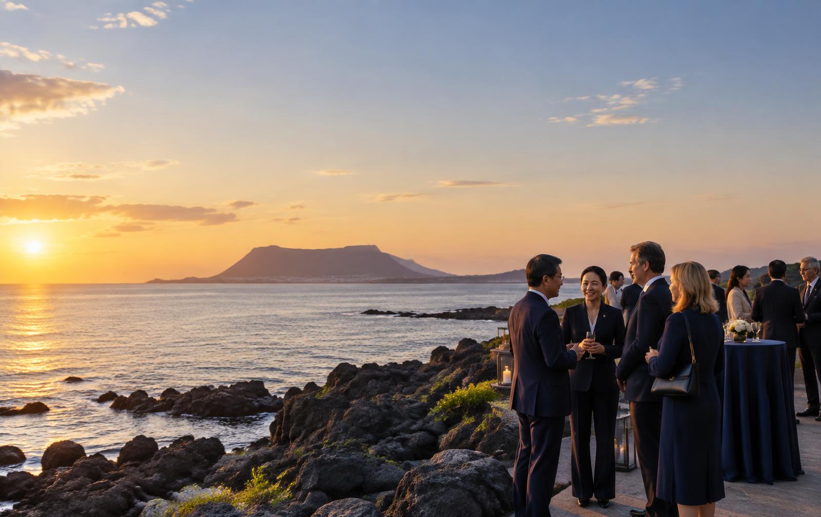 Leaders gathering on the Jeju coastline at sunset